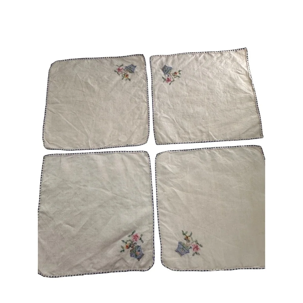 Vtg Embroidered Linen Napkins Set Of‎ 4 10x10 needlepoint country granny boho